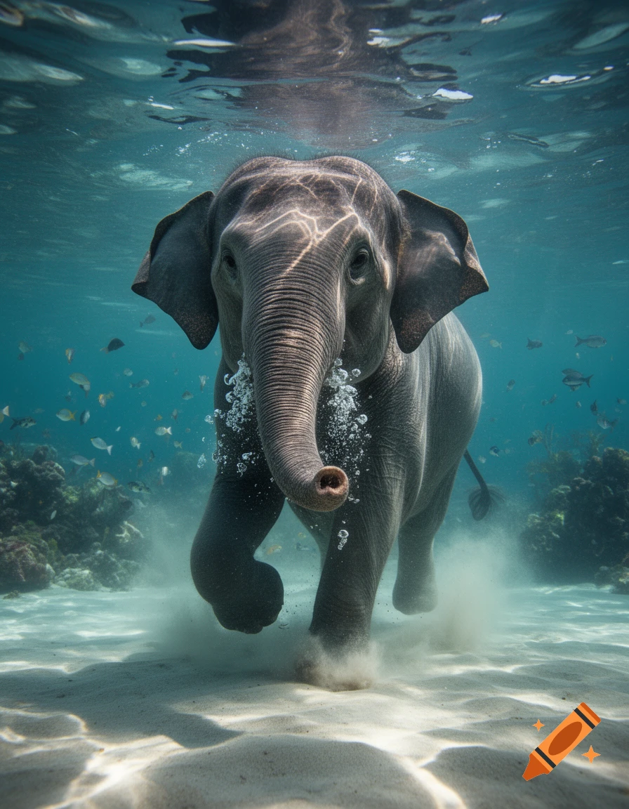 Photorealistic image of a young elephant running underwater on a sandy seafloor, surrounded by air bubbles and small fish.