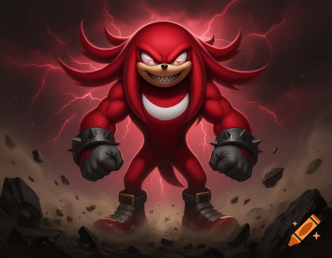Tall, muscular red echidna character with bloodshot eyes, sharp teeth, and spiked wristbands standing amidst lightning and debris.