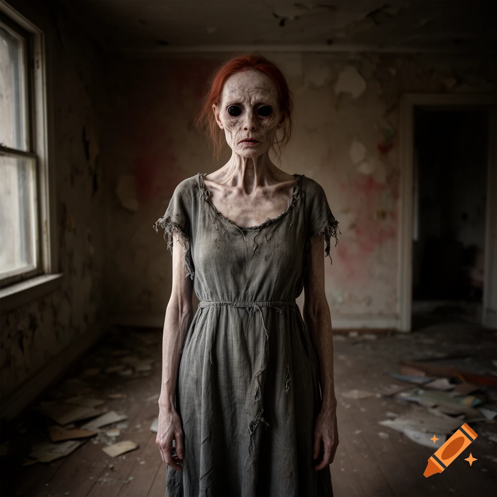 Photorealistic portrait of a gaunt, eerie woman with black eyes and red hair standing in a dilapidated room.