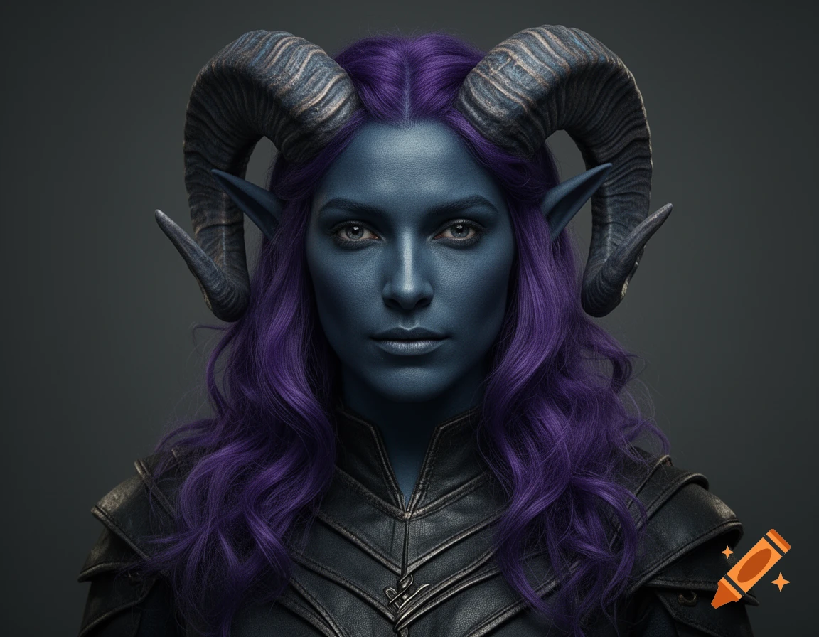 Photorealistic portrait of a dark blue skinned elf with purple hair, glowing eyes, and large ram horns, wearing dark armor.