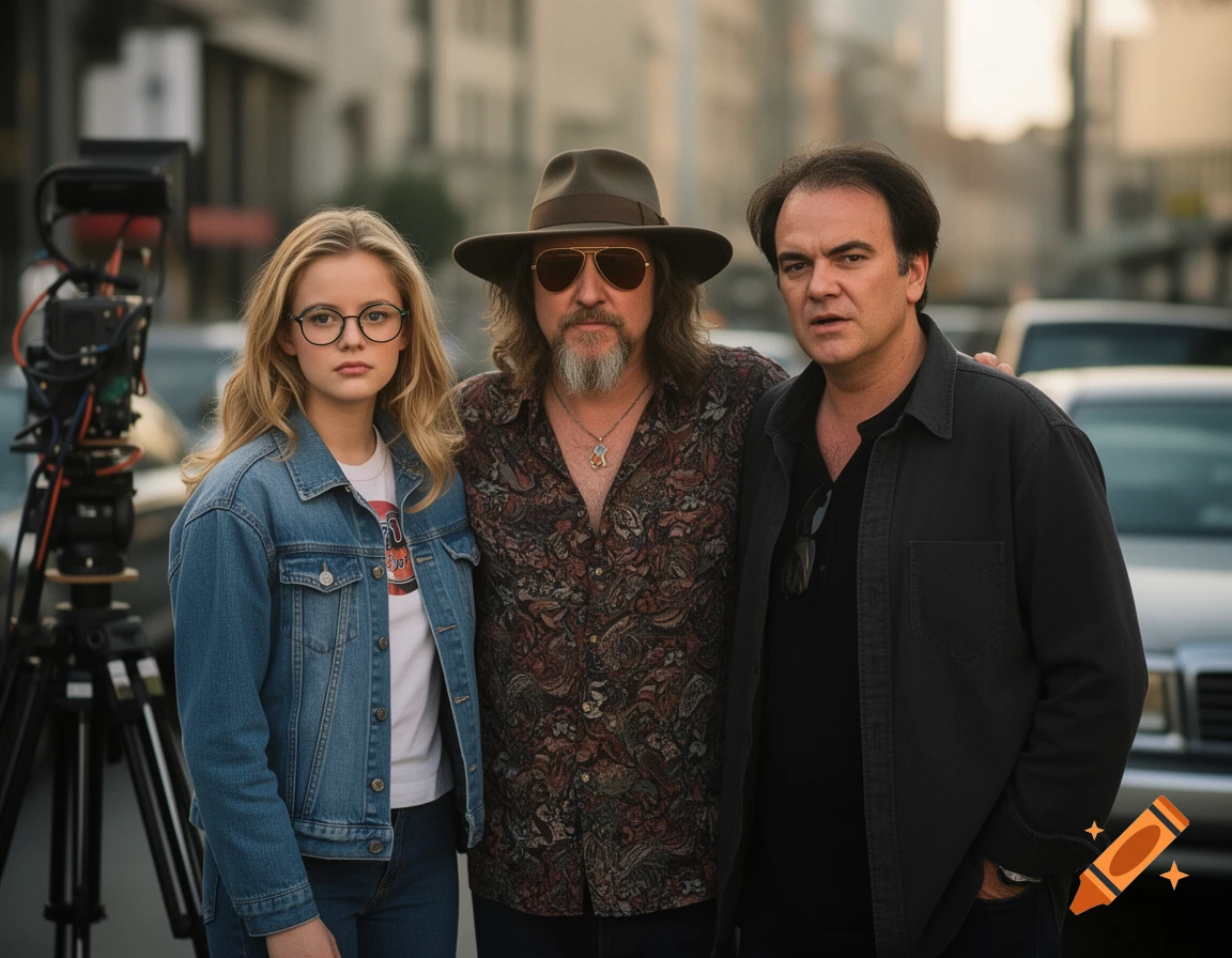 Photorealistic image of a young woman with glasses, a man in a hat and sunglasses, and another man standing together on a city street near a camera tripod.
