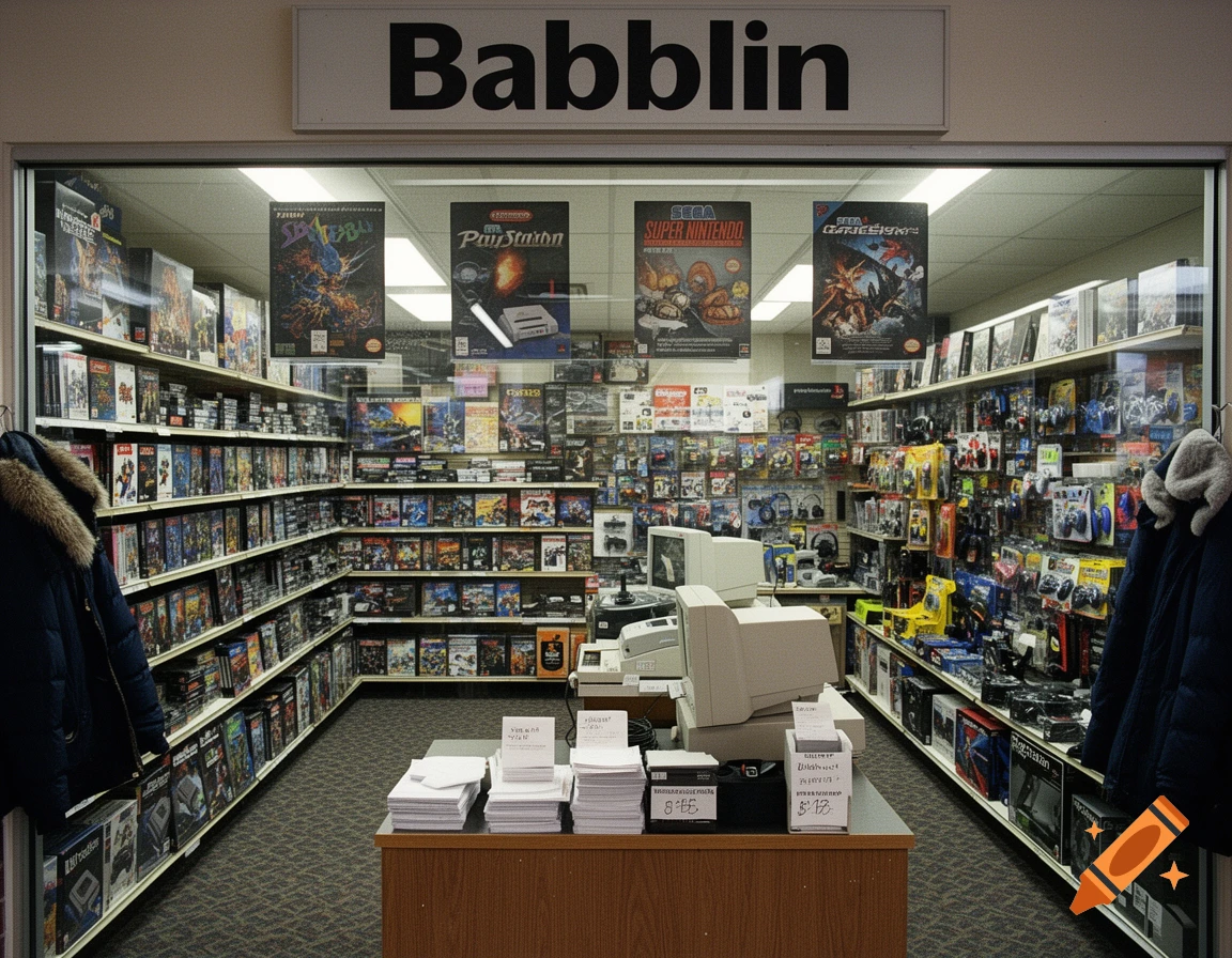 Photorealistic view inside a 1990s video game and software store named Babblin, with shelves lined with boxes and retro posters.