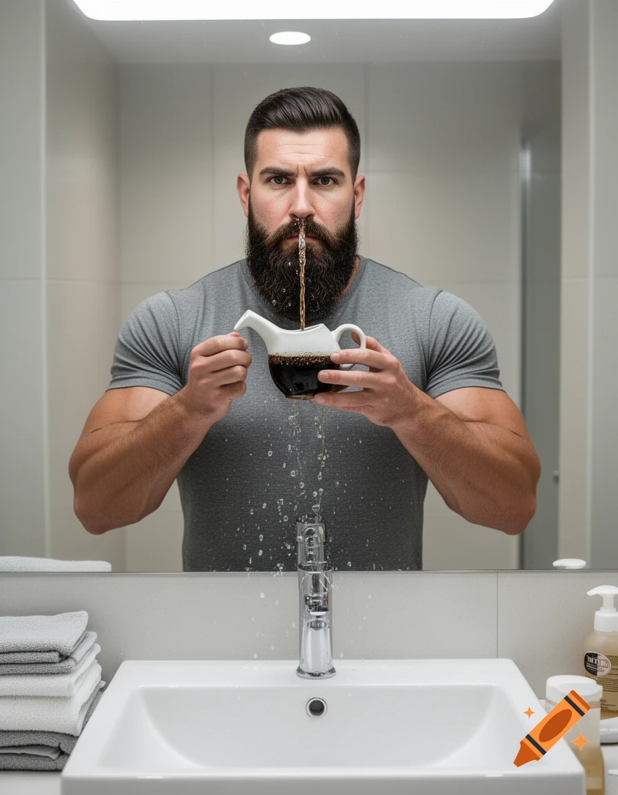 Photorealistic image of a bearded muscular man in a bathroom pouring dark liquid from a neti pot through his nose into a sink.