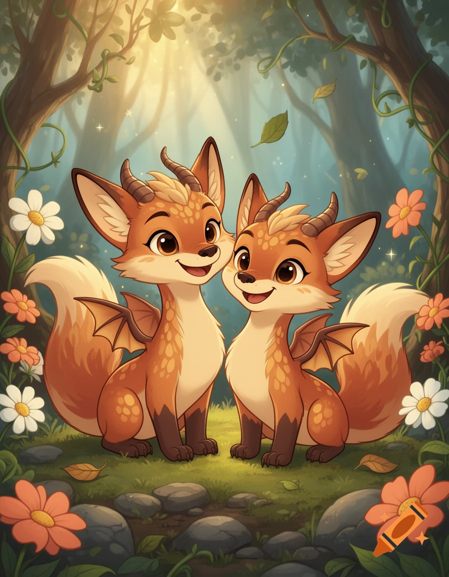 Digital illustration of two cute cartoon fox-dragons with small horns and wings sitting in a sunny forest surrounded by flowers.