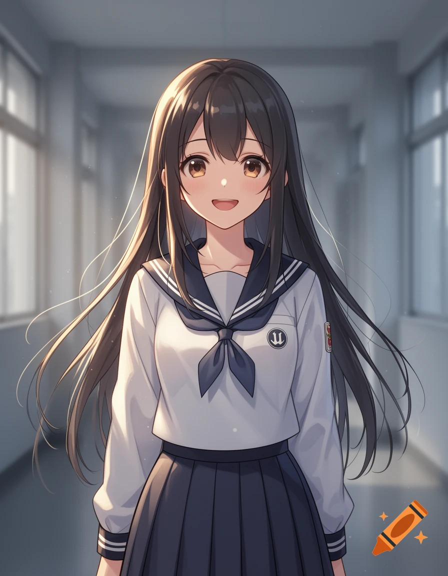 Anime style portrait of a smiling school girl with long dark hair in a hallway.