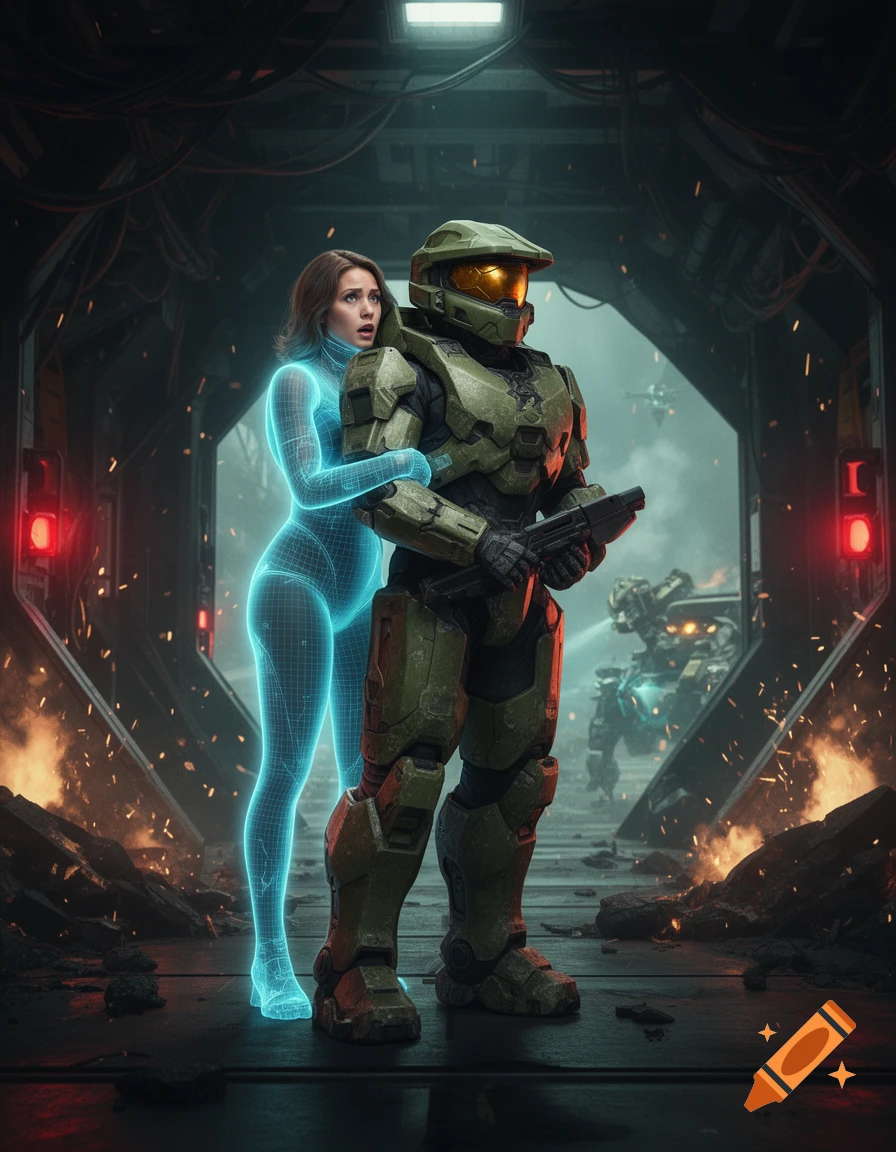 Sci-fi scene with a holographic female figure clinging to Master Chief in futuristic armor inside a dark, damaged corridor.