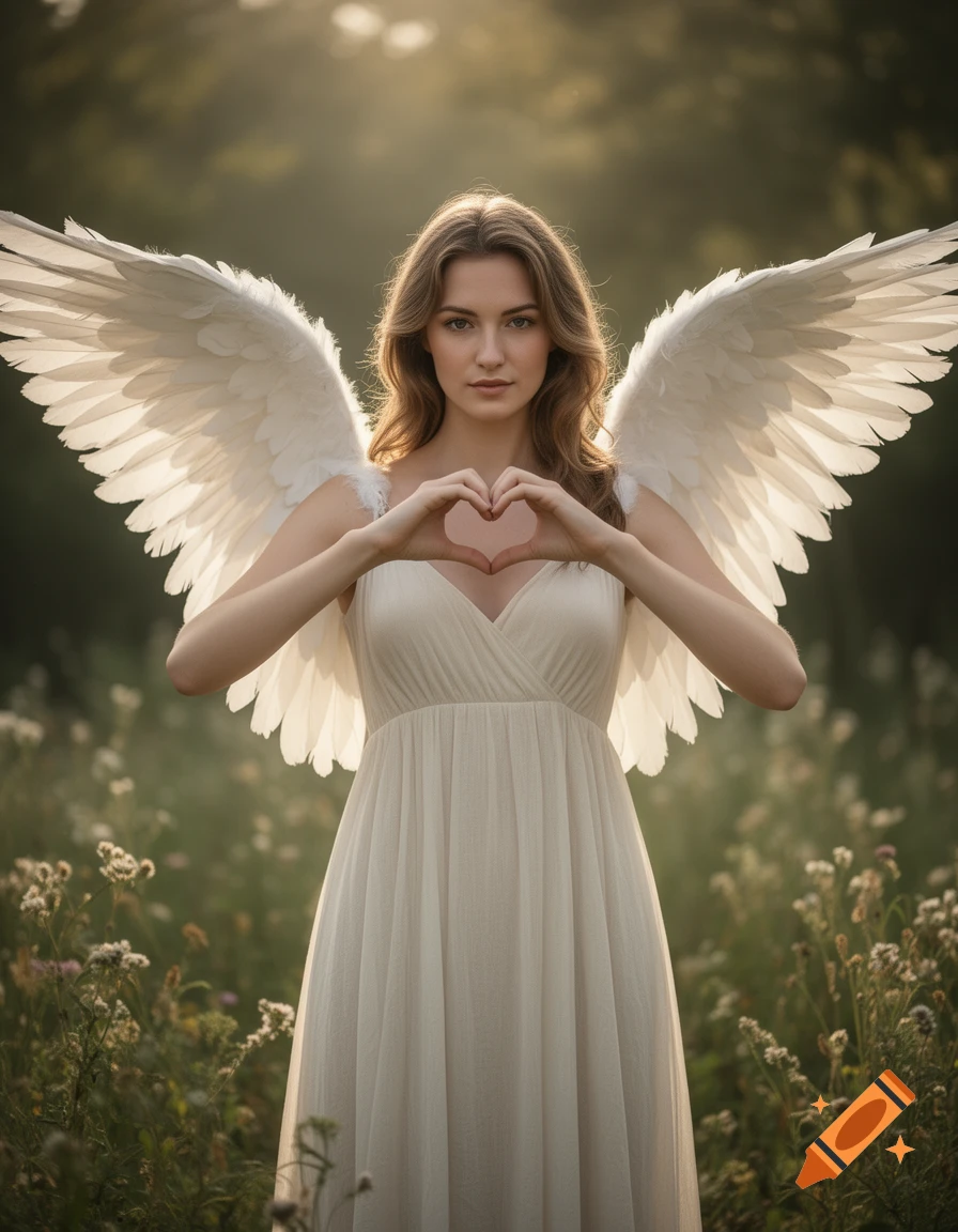 Photorealistic portrait of a female angel with large white wings making a heart shape with her hands in a meadow.