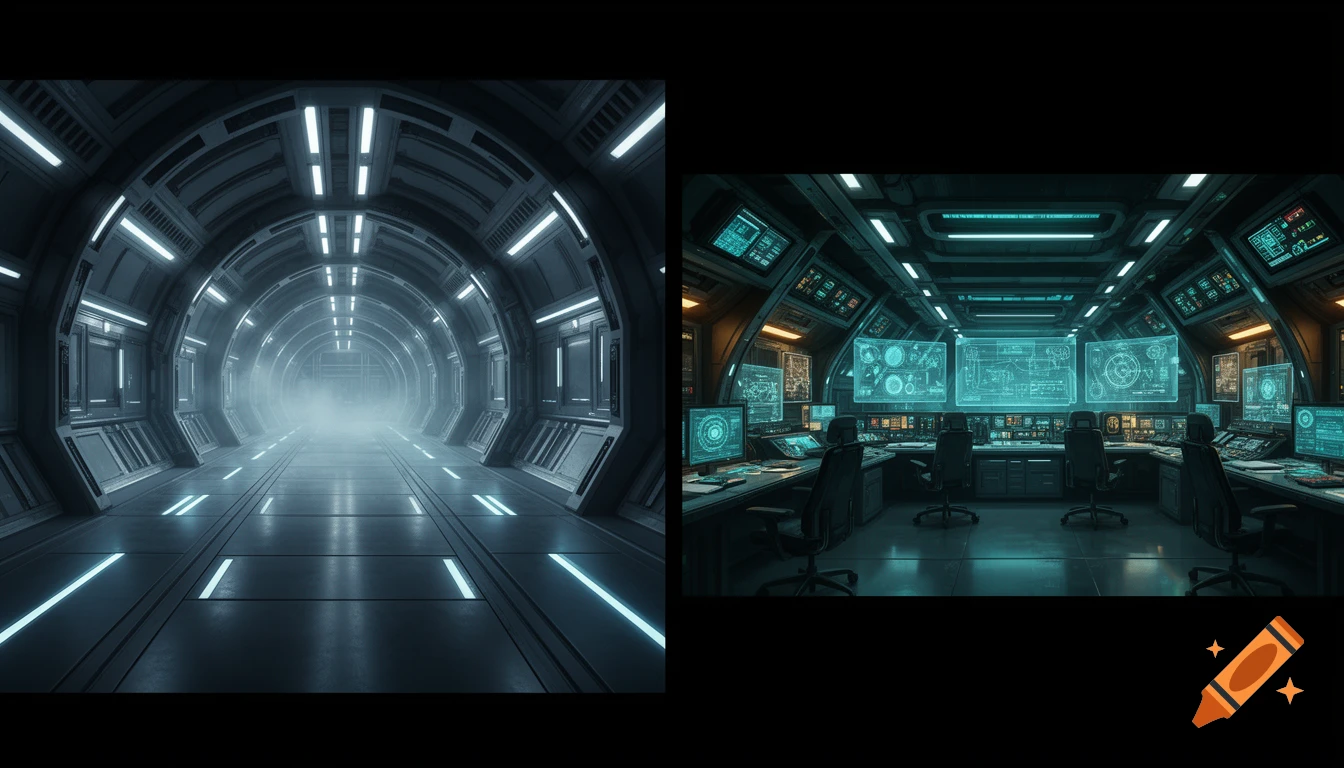 Two-panel split view of a futuristic spaceship interior, showing a long arched corridor on the left and a nuclear control room with glowing screens on the right, photorealistic style.