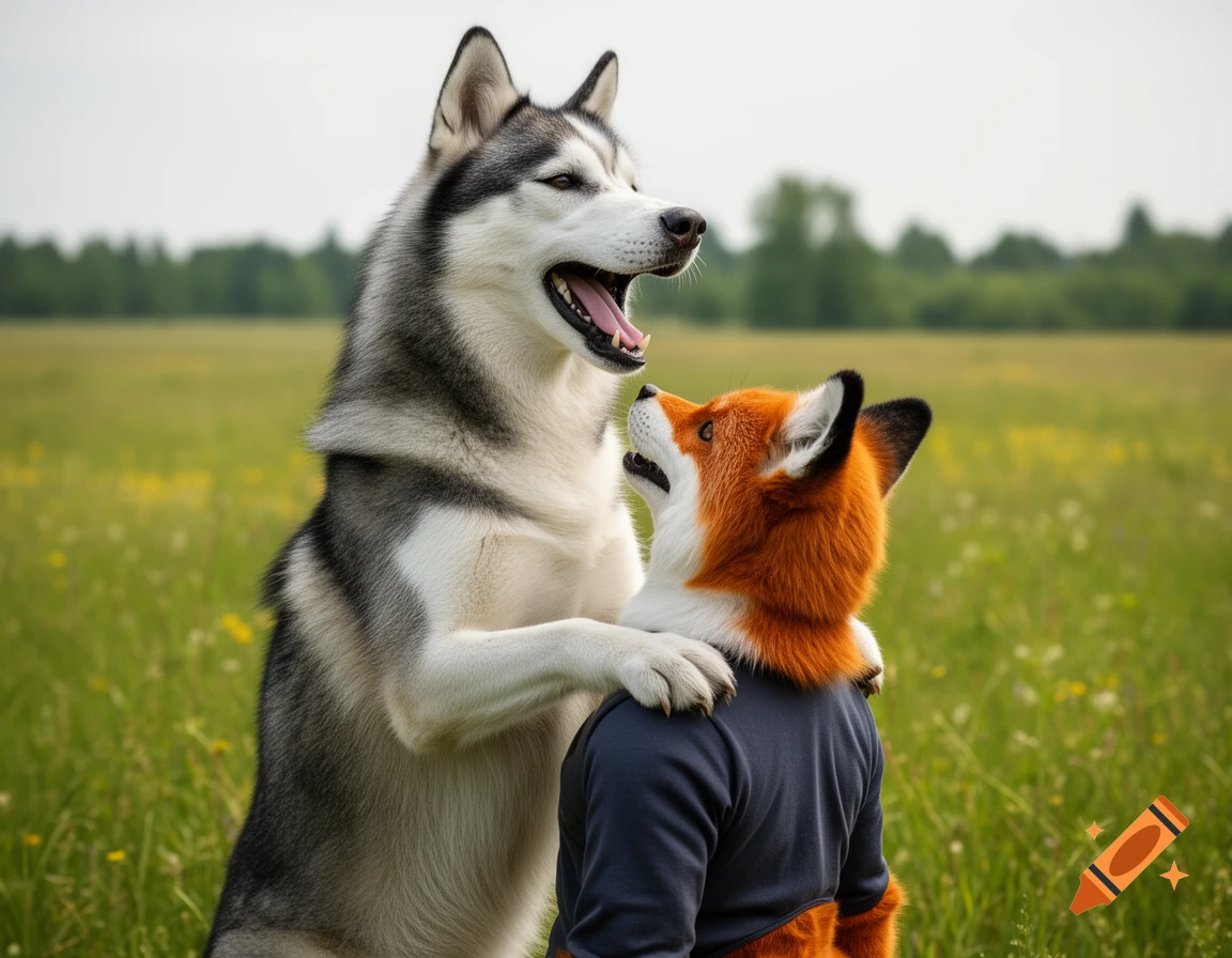 A photorealistic scene of a giant husky standing on its hind legs with paws on the shoulders of a person in a fox fursuit, in a grassy field.