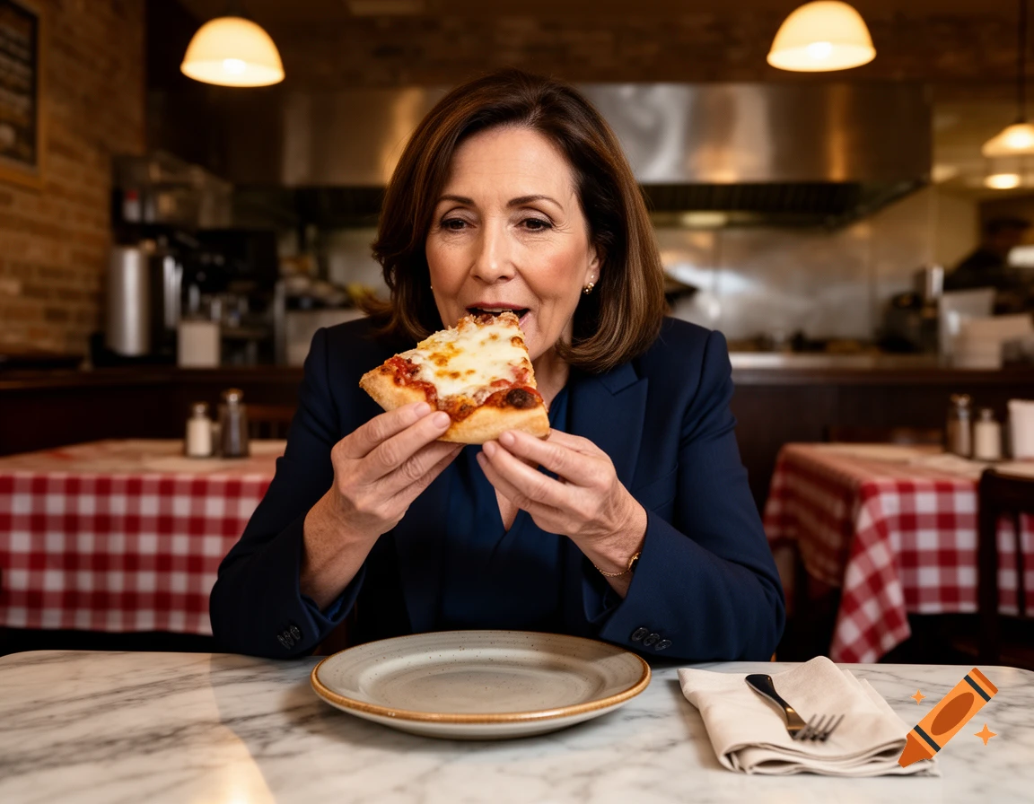 Photorealistic image of Kathy Hochul eating a slice of pizza in a restaurant.