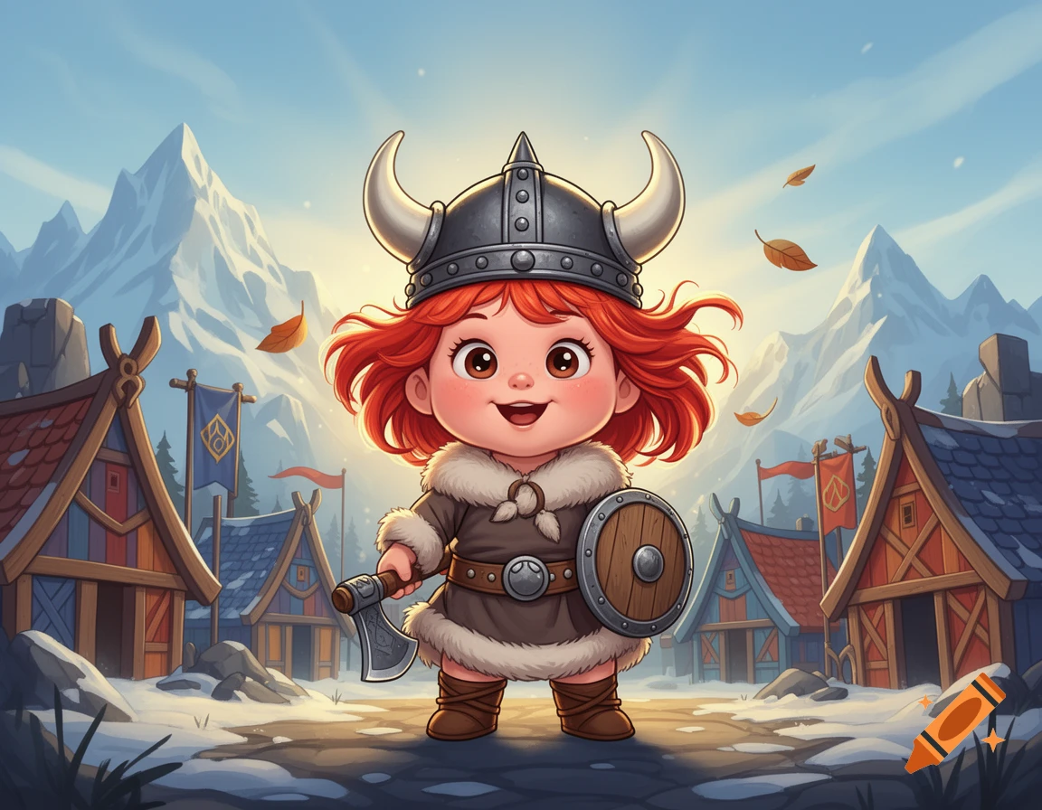 Cartoon illustration of a cute red-haired viking baby girl holding a small axe and shield in a snowy village.