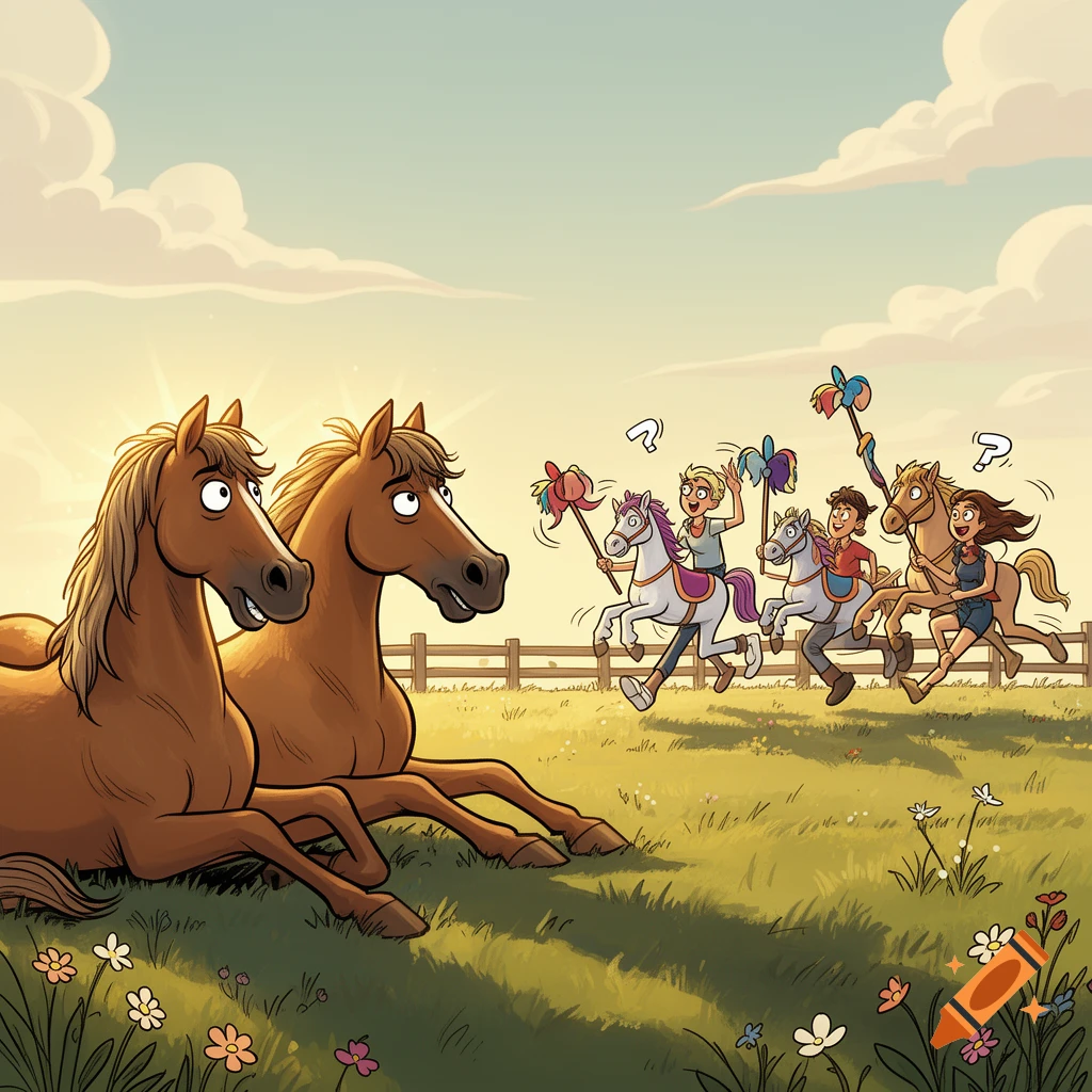 Comic style illustration of two horses relaxing on grass watching humans enthusiastically participate in hobby horsing.