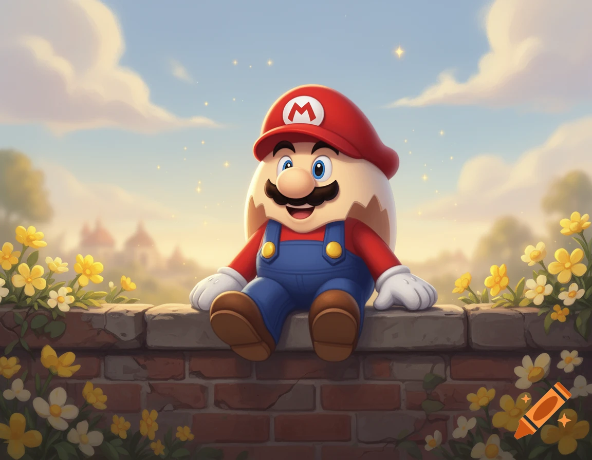 Digital illustration of Mario as Humpty Dumpty sitting on a brick wall decorated with yellow flowers against a cloudy sky.