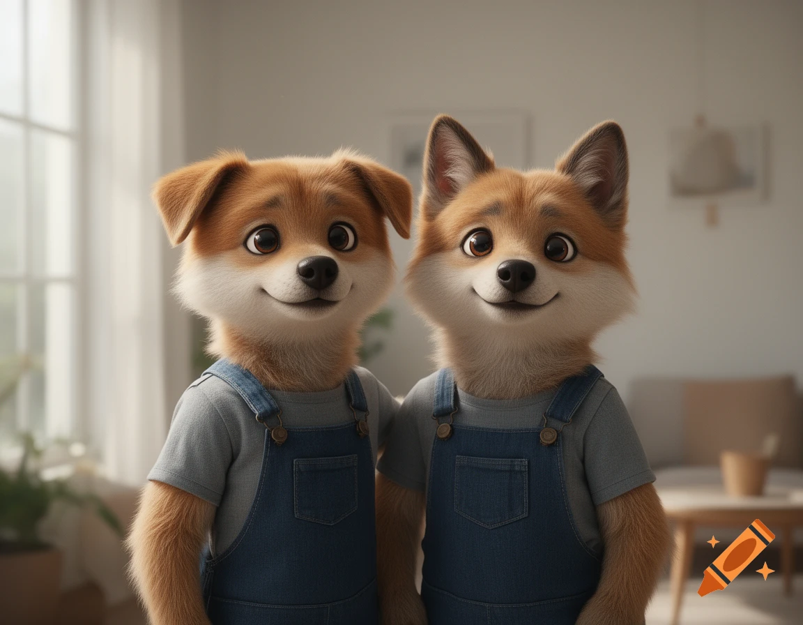 3D render of two anthropomorphic dog characters wearing blue overalls in a bright indoor room.