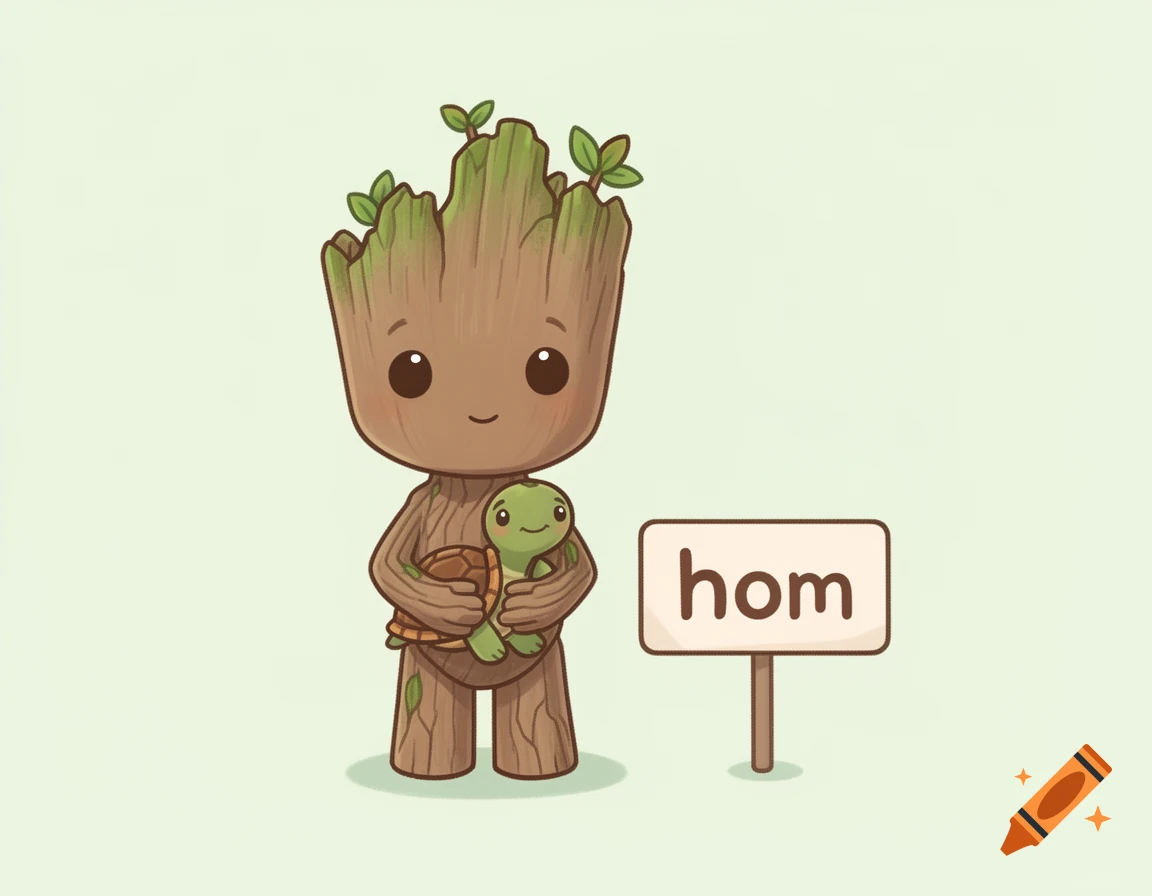 Baby Groot holding a small turtle next to a sign that says hom, in a cute cartoon illustration style.