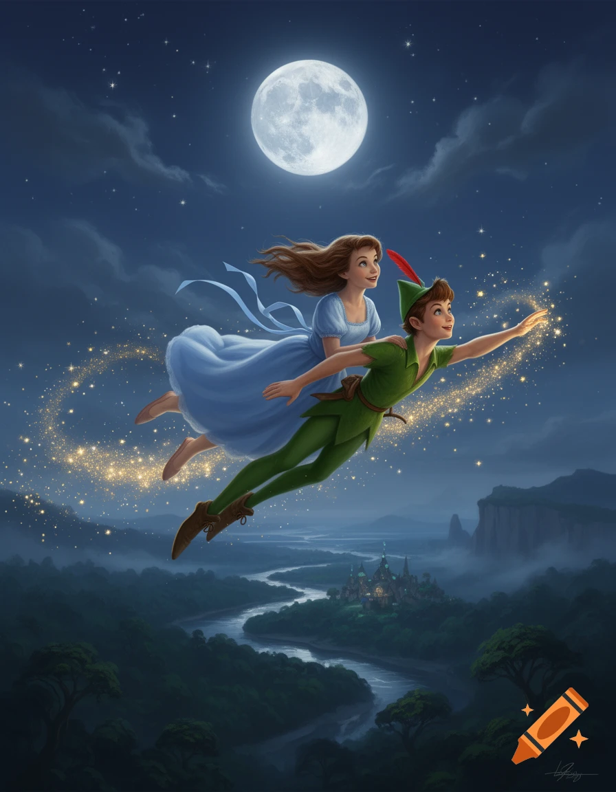Peter Pan and Wendy flying through a starry night sky above a moonlit landscape and river, digital illustration style
