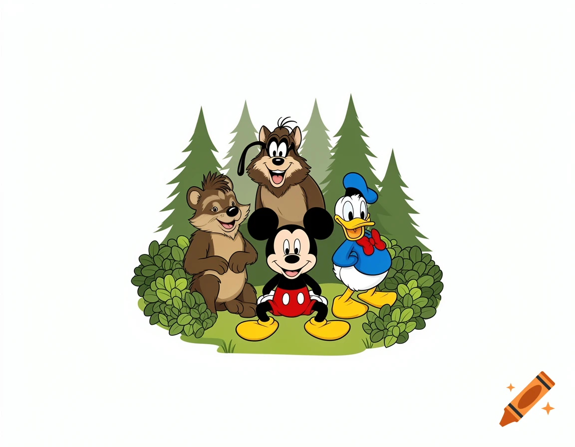Cartoon illustration of Mickey Mouse, Donald Duck, Goofy, and a raccoon as animals in a forest with pine trees.