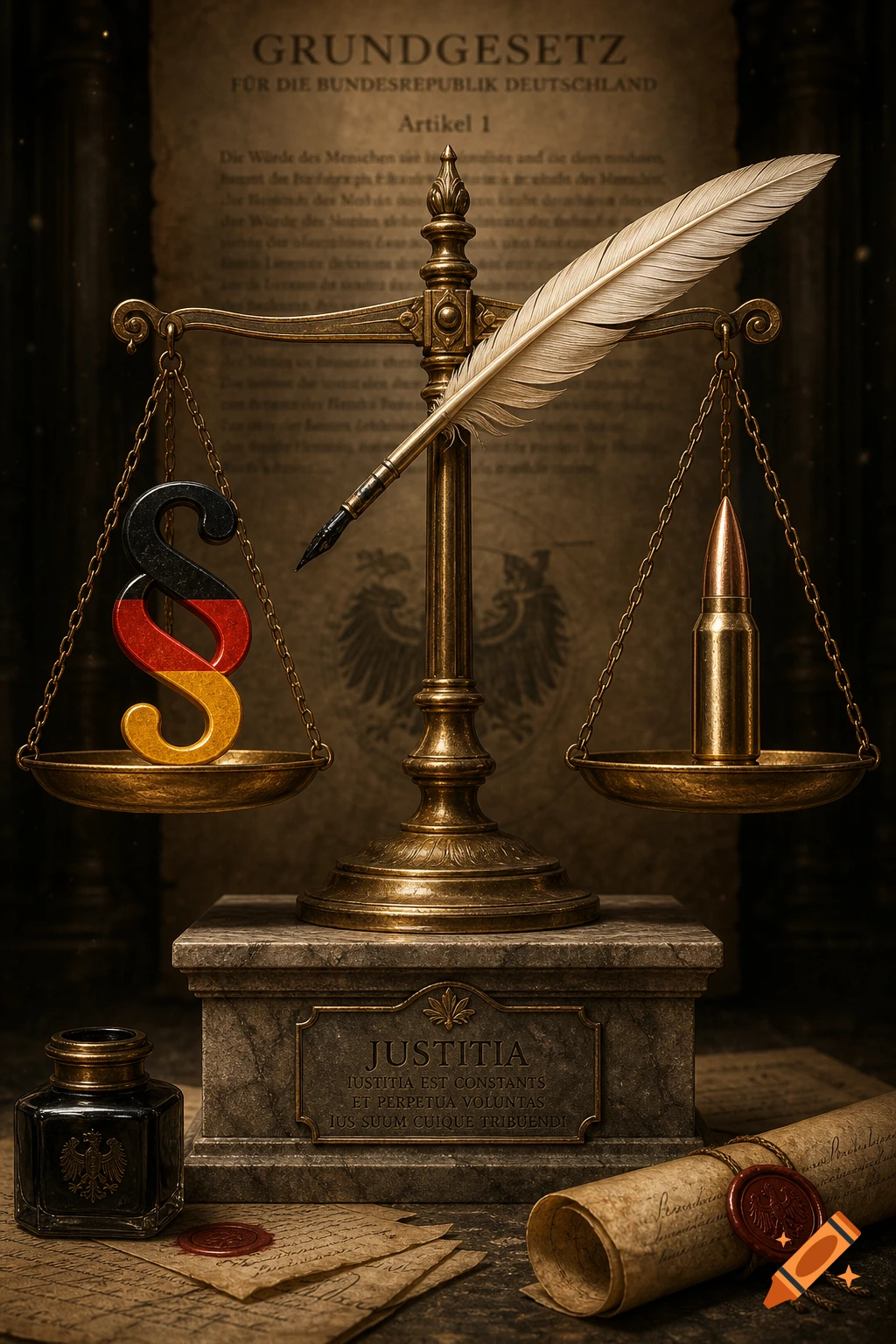 A brass scale of justice holding a German paragraph symbol and a bullet, with a quill pen resting on it, in front of a German constitution document.