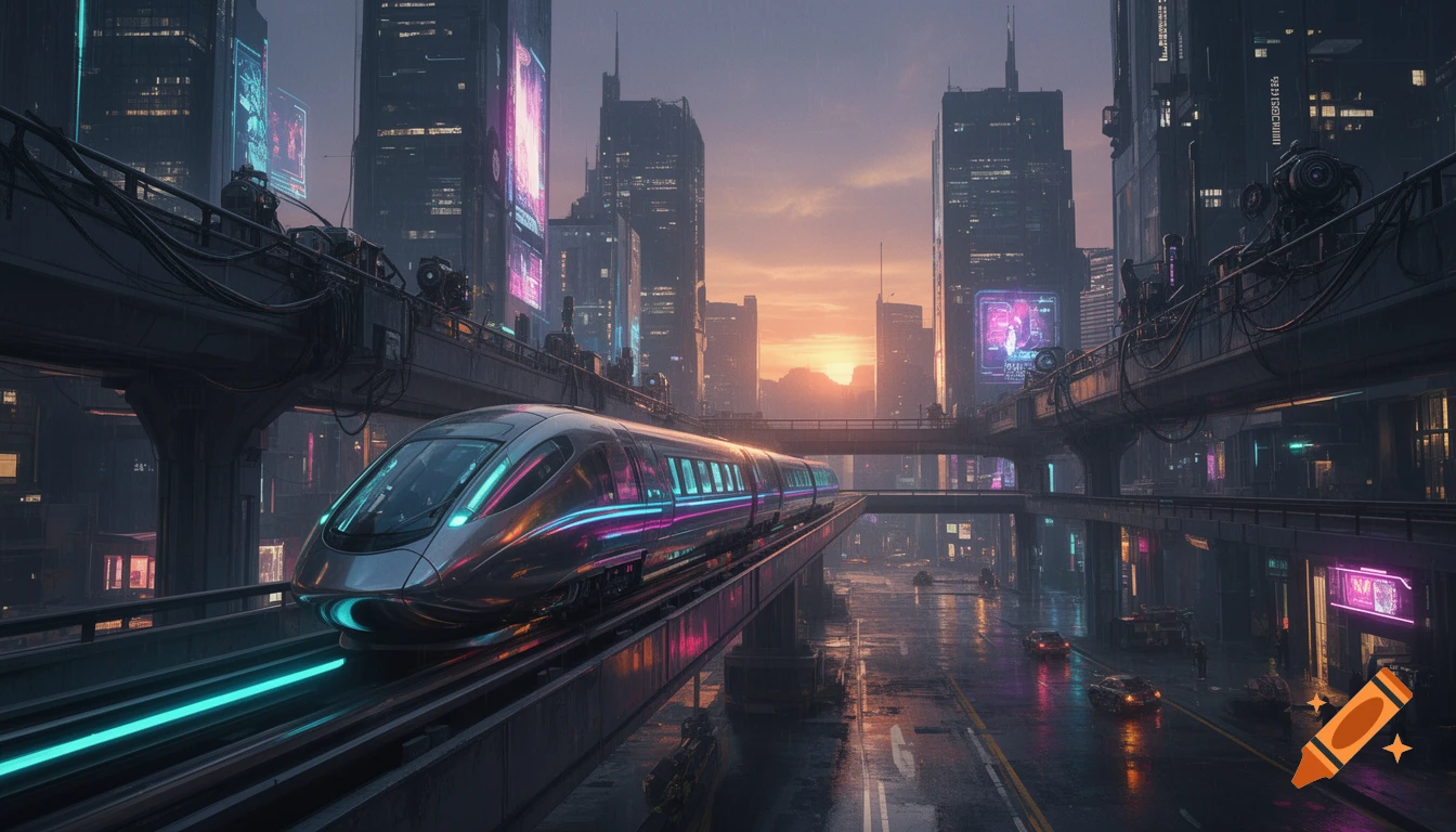 A sleek, futuristic train travels on an elevated track through a rainy cyberpunk city at sunset.