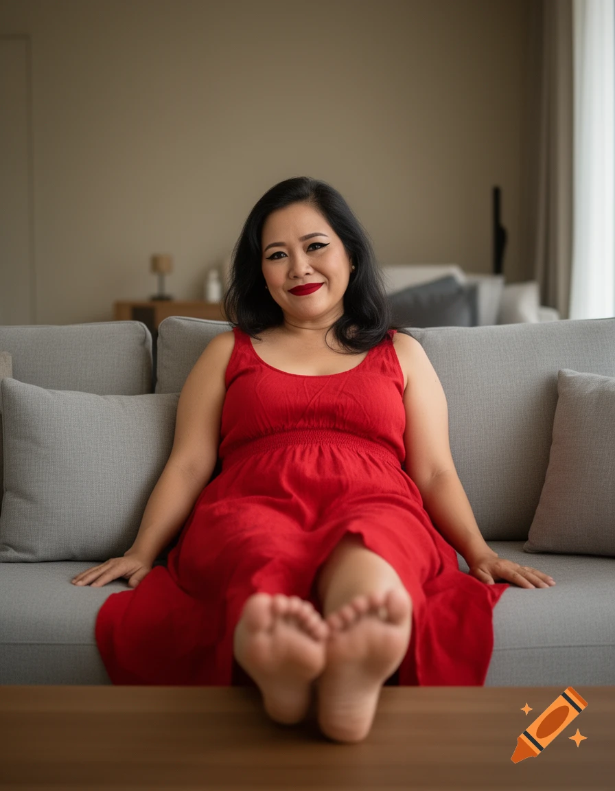 Photorealistic portrait of a 40-year-old Filipina smiling coyly while lounging on a grey sofa in a living room with her feet outstretched.