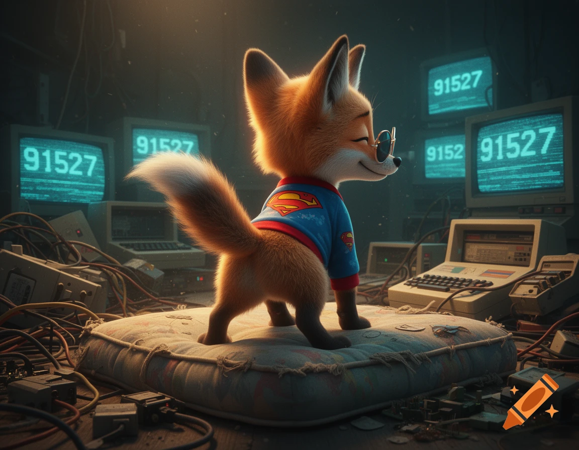 3D cartoon style little fox wearing superman pyjama and sunglasses standing on a mattress in a room full of vintage computers showing text 91527