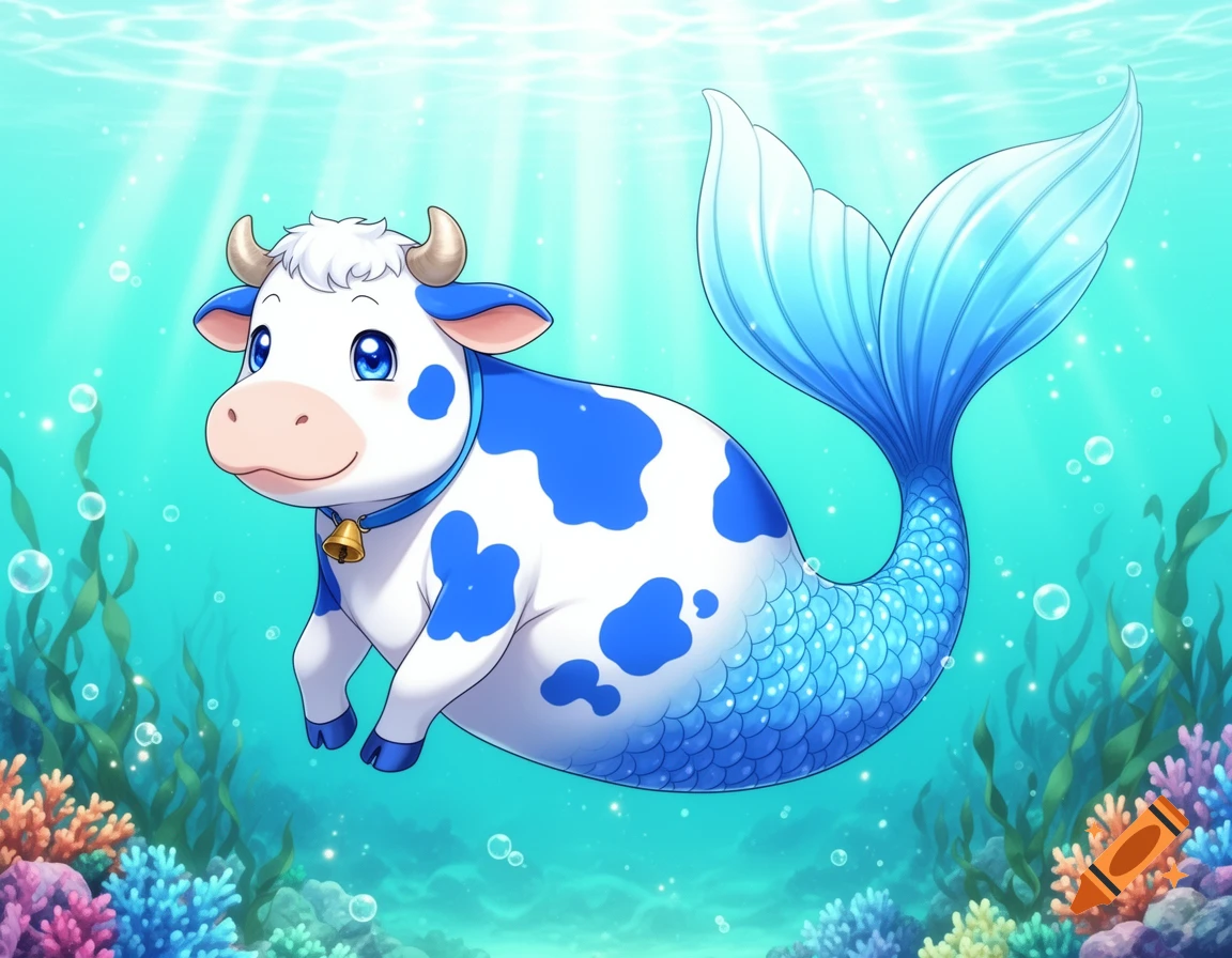 Digital anime style illustration of a cute white cow with blue spots and a mermaid tail swimming underwater.