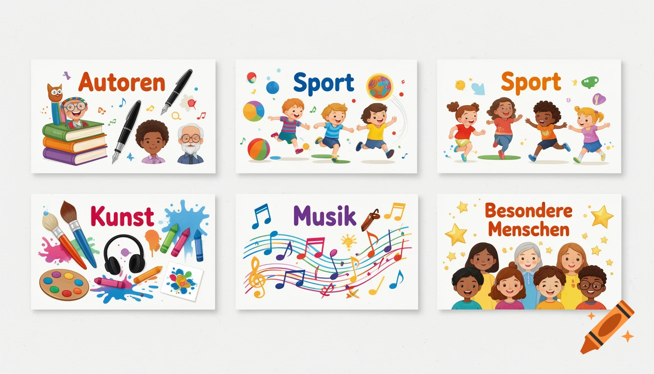 Six colorful cartoon style educational signs for elementary school book boxes with German titles Autoren, Sport, Kunst, Musik, and Besondere Menschen.