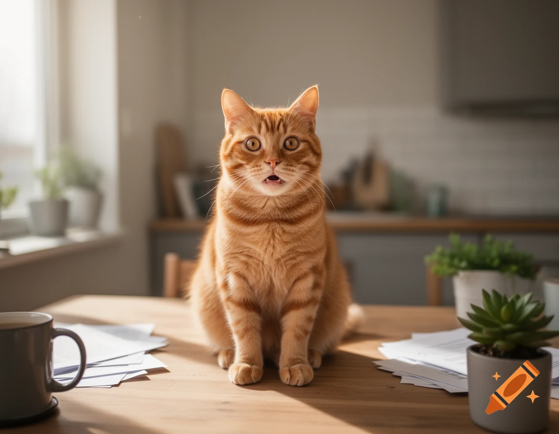 An orange tabby cat with a surprised expression sitting on a wooden table in a kitchen.