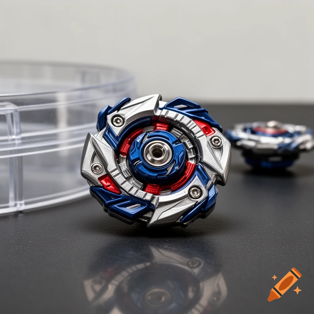 Close-up photorealistic shot of a customized blue and silver Beyblade top on a dark reflective surface with a clear plastic container in the background.