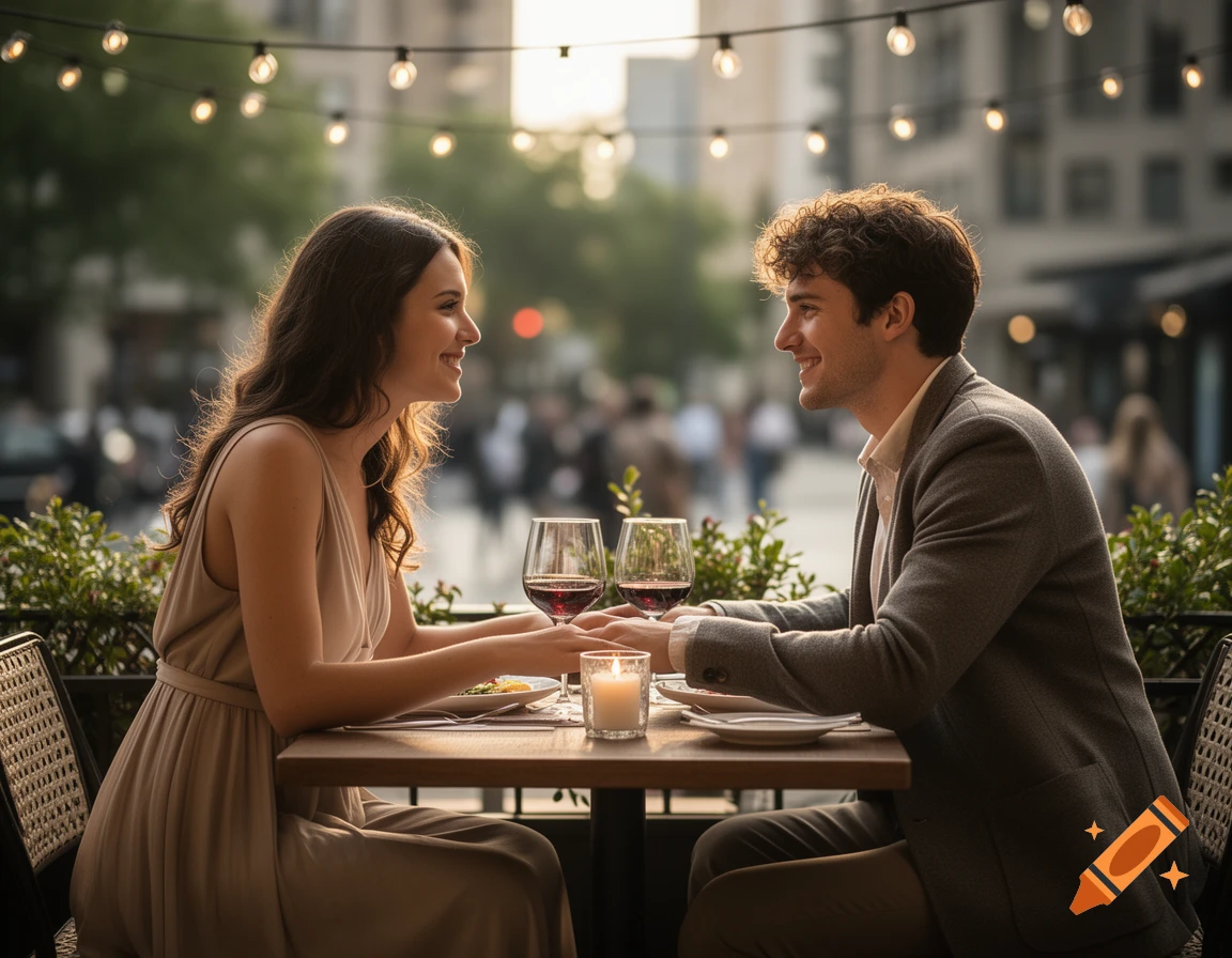 A smiling young couple having a romantic dinner with wine at an outdoor cafe table, lit by string lights.