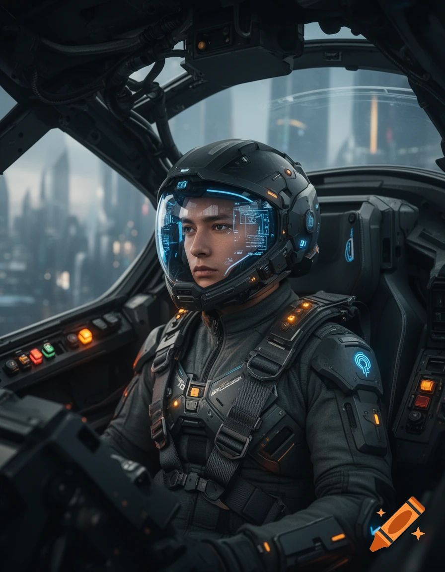 Photorealistic portrait of a futuristic mecha pilot wearing a high-tech helmet inside a cockpit.