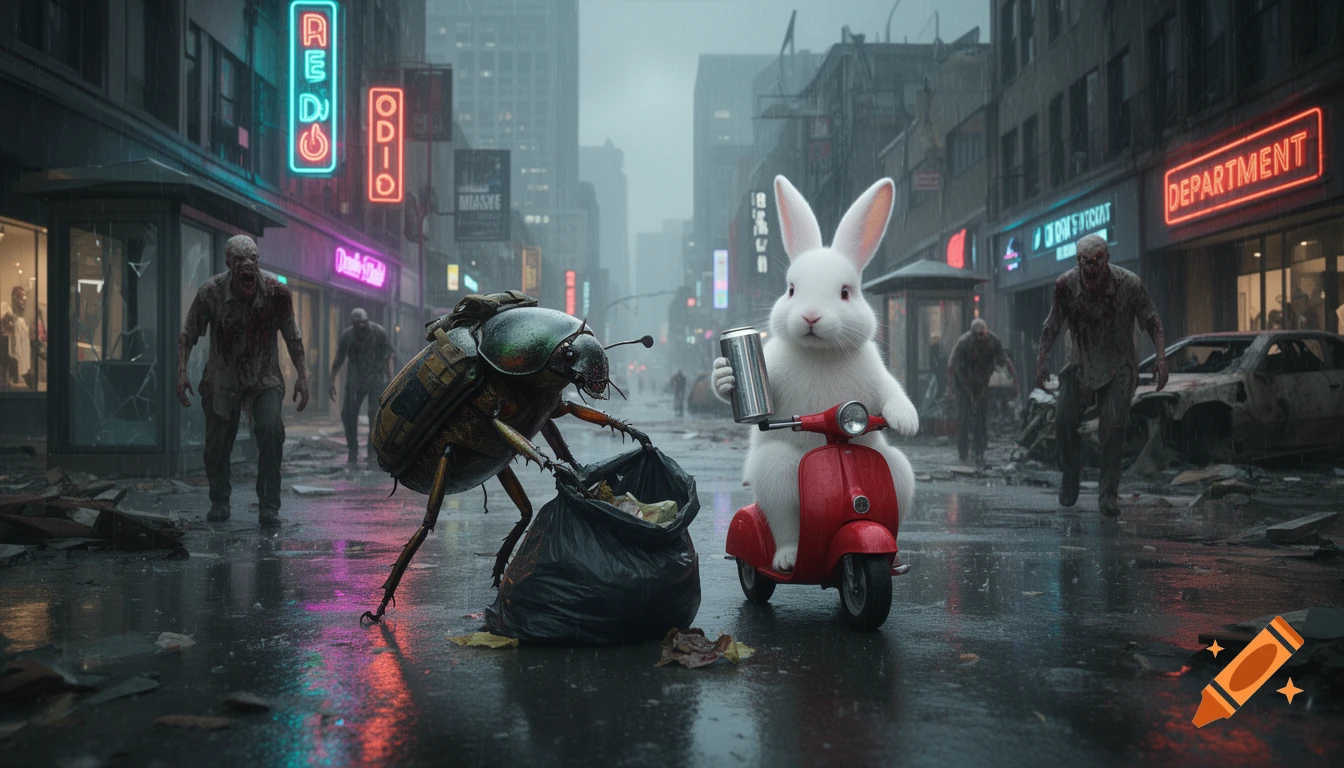 A white rabbit riding a red moped and a scarab beetle searching through a trash bag in a rainy, zombie-infested city street. Photorealistic.