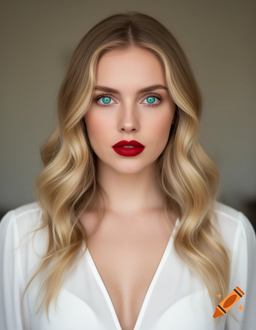 Photorealistic portrait of a young woman with blonde wavy hair, striking turquoise eyes, and bold red lips, wearing a white V-neck blouse.