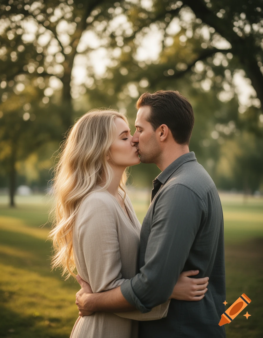 Photorealistic side profile of a young couple kissing in a park during golden hour.