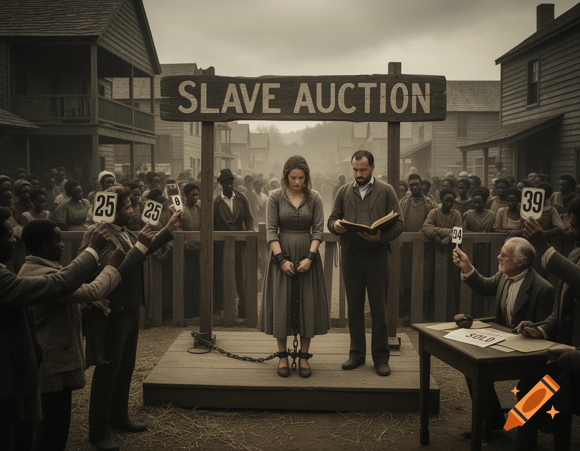 Cinematic historical drama scene of a 19th-century slave auction with a captive woman on a platform and bidders around.