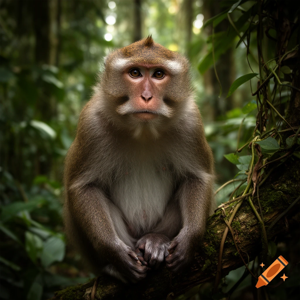Photorealistic close-up of a macaque monkey sitting on a mossy branch in a lush tropical jungle.