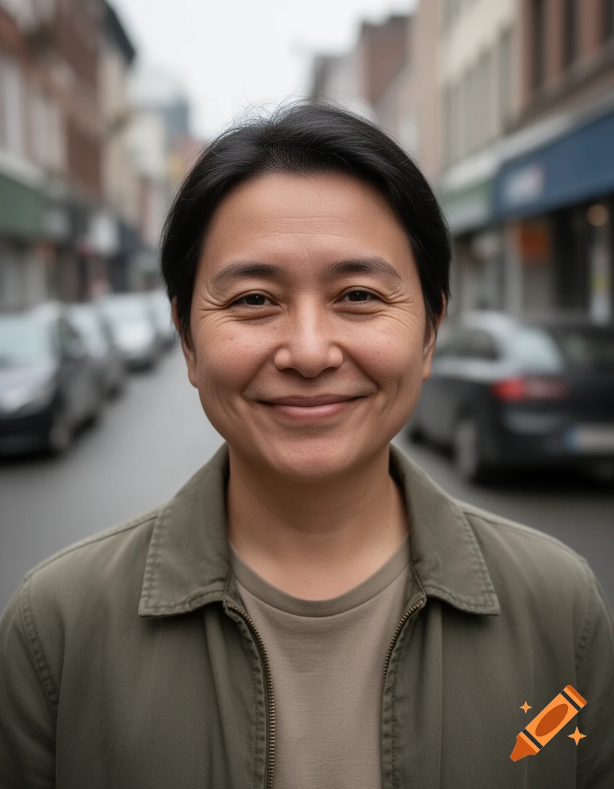 Close-up portrait of a smiling person with dark hair, wearing a green jacket, on an urban street.