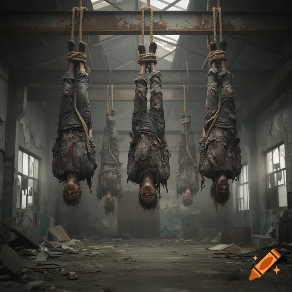 Decaying bodies hanging upside down from ropes in a derelict industrial warehouse, photorealistic.