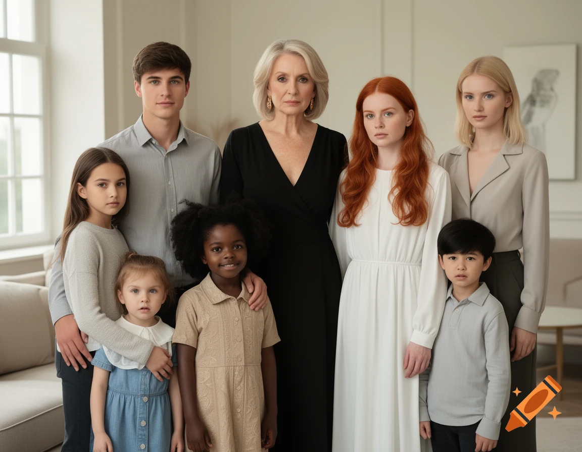 Photorealistic portrait of a diverse multi-generational family posing together indoors.
