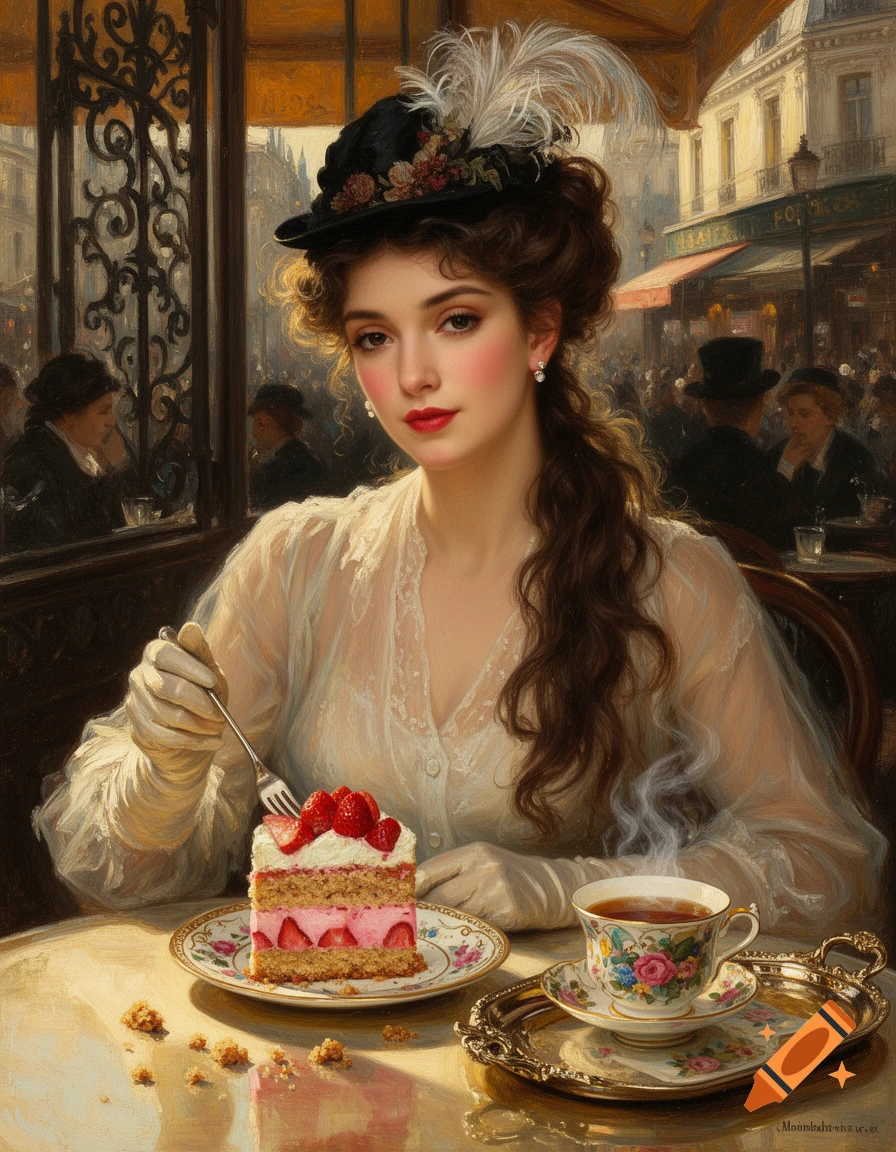 Oil painting of a young 1890s woman wearing a feathered hat, eating strawberry cake at a Parisian cafe.