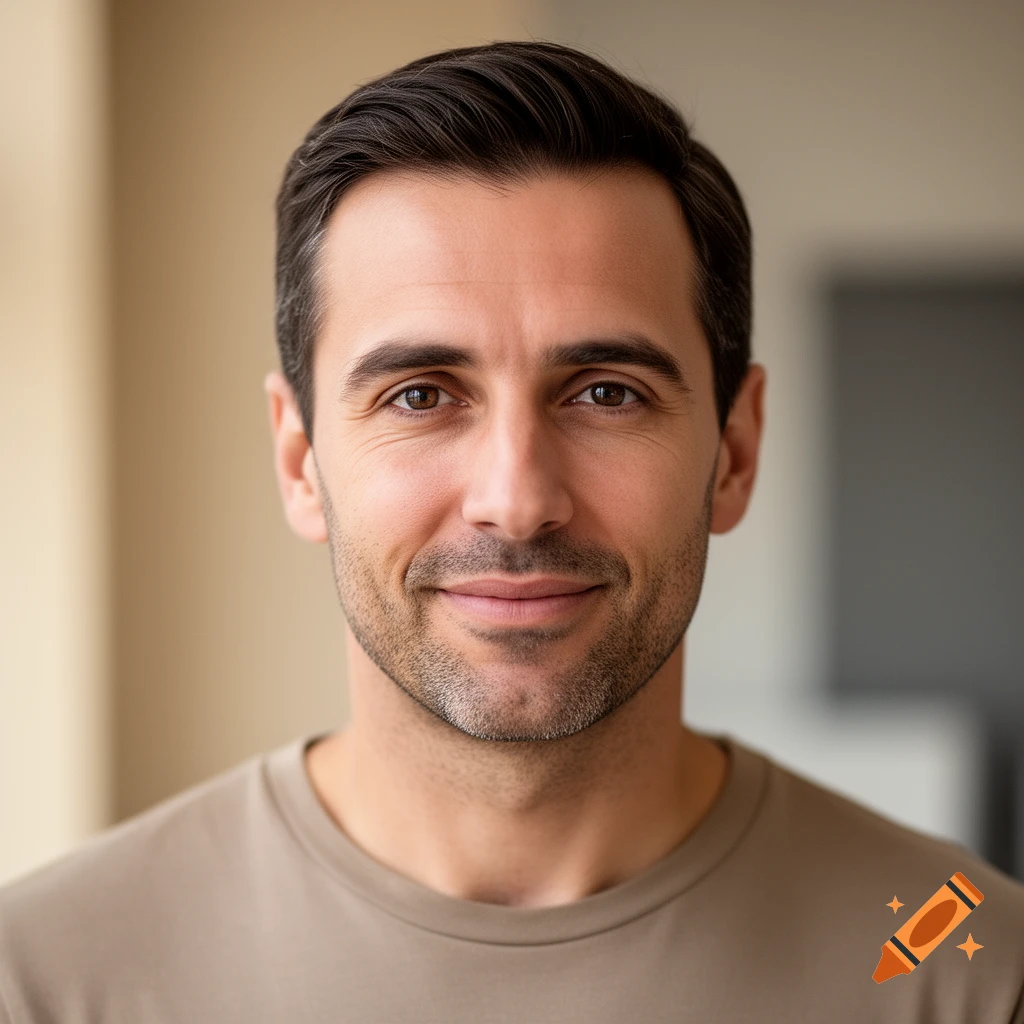 Close-up photorealistic portrait of a middle-aged man with dark hair, a light beard, and a warm smile.