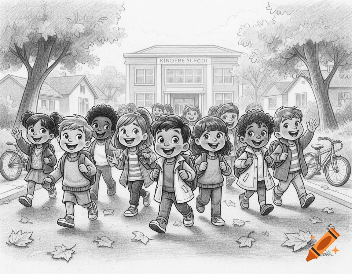 Pencil sketch of a diverse group of smiling children walking together toward a school.