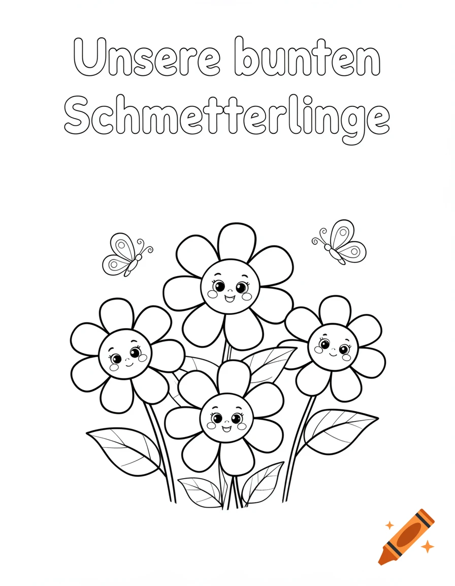 Black and white coloring page with smiling flowers and butterflies, featuring German text at the top.