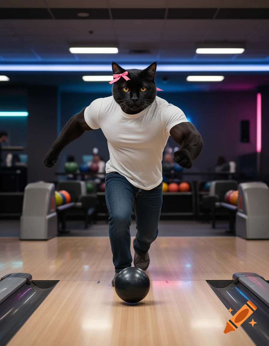 A photorealistic image of a muscular black cat wearing a white t-shirt and jeans bowling in a bowling alley.