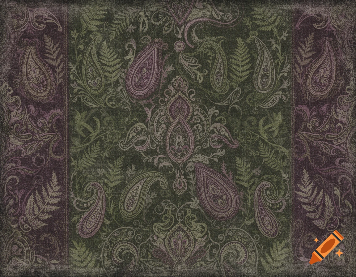 Ornate paisley and fern botanical pattern with distressed texture in deep green and purple tones.