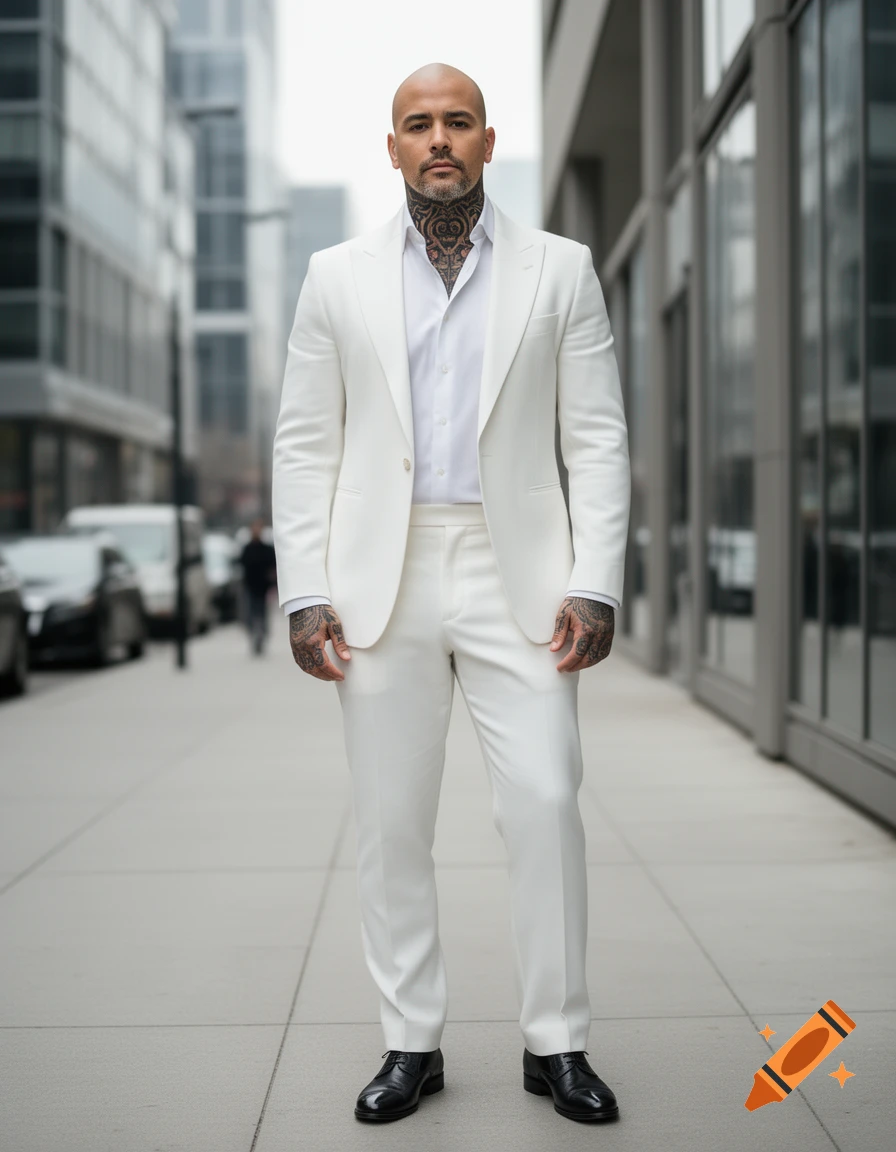 Photorealistic full-body shot of a bald man with neck and hand tattoos wearing a white suit and black shoes on a city sidewalk.