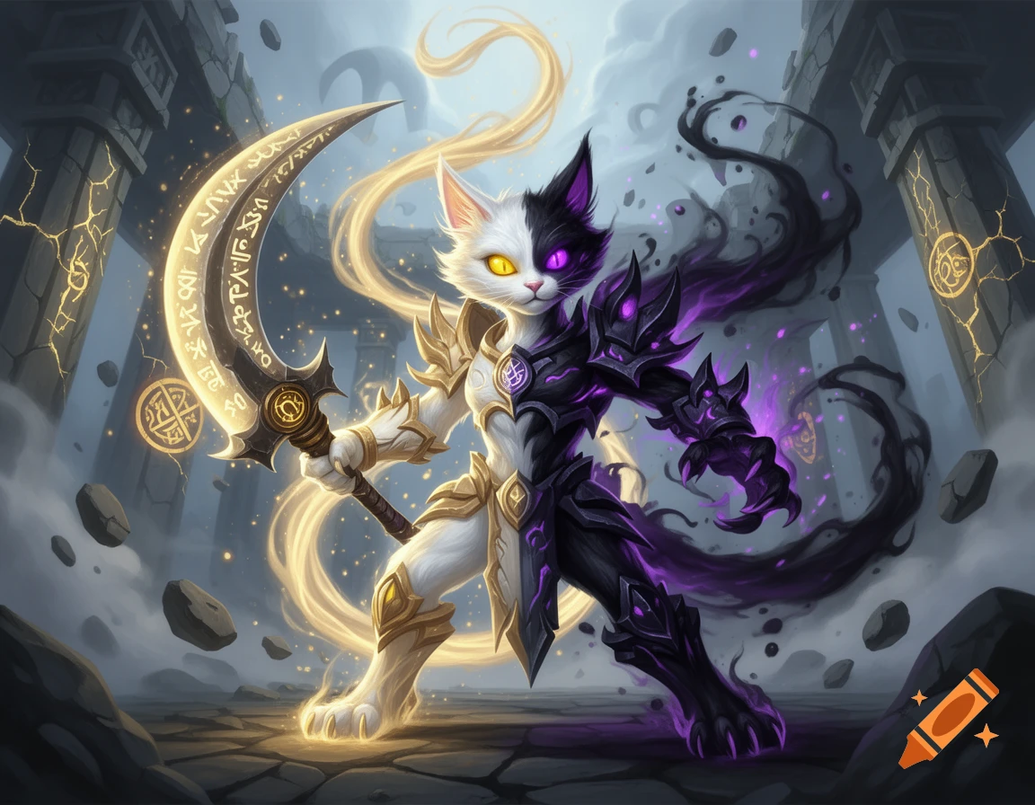 Digital illustration of a humanoid cat warrior split into light and dark elements, holding a glowing scythe inside ancient ruins.
