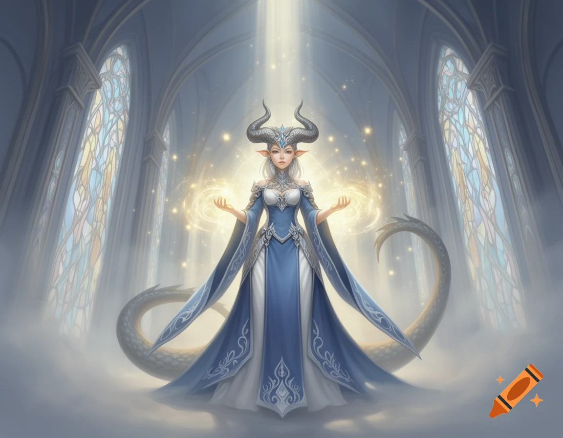An ethereal horned fantasy woman in a blue and white dress with a dragon tail, standing in a grand hall with stained glass windows.