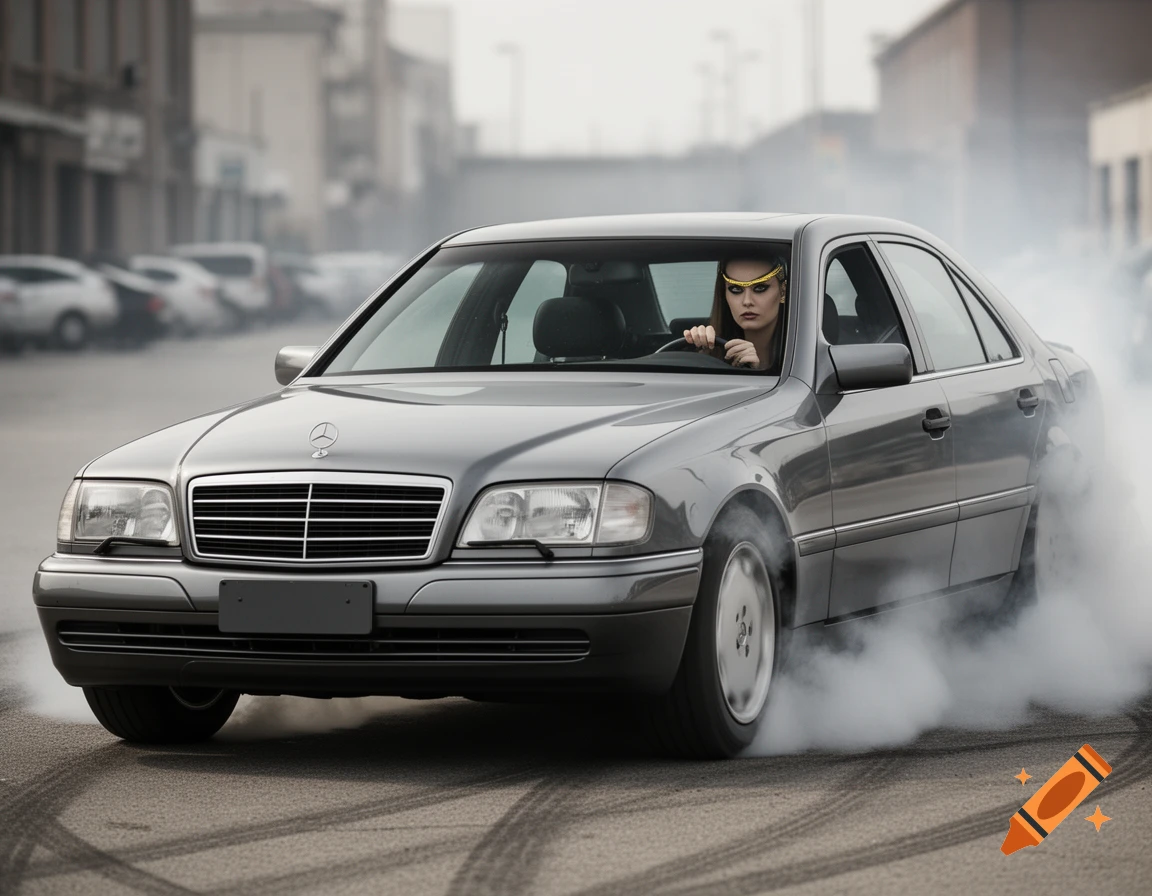 Photorealistic image of a woman driving a grey Mercedes sedan doing a burnout with smoke coming from the tires.