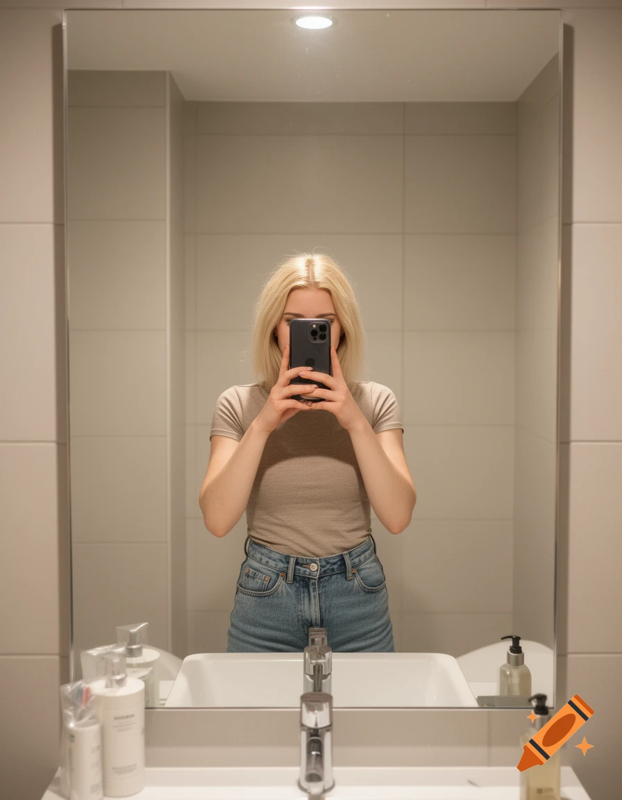 Photorealistic mirror selfie of a young blonde woman holding a smartphone in front of her face inside a modern bathroom.